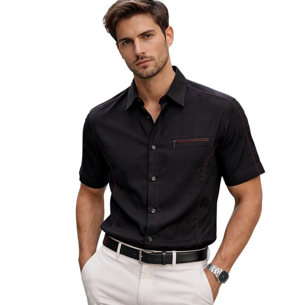 Cortigiani Linen SS Button Up Shirt Men 48 Black Italy Modern Minimalist Capsule